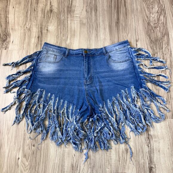 Women's High- waist Denim Blue Fringe Shorts Size 3XL (W38) - Picture 1 of 8